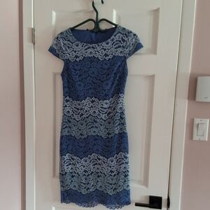 Suzy Shier Blue and White Lace Midi Dress